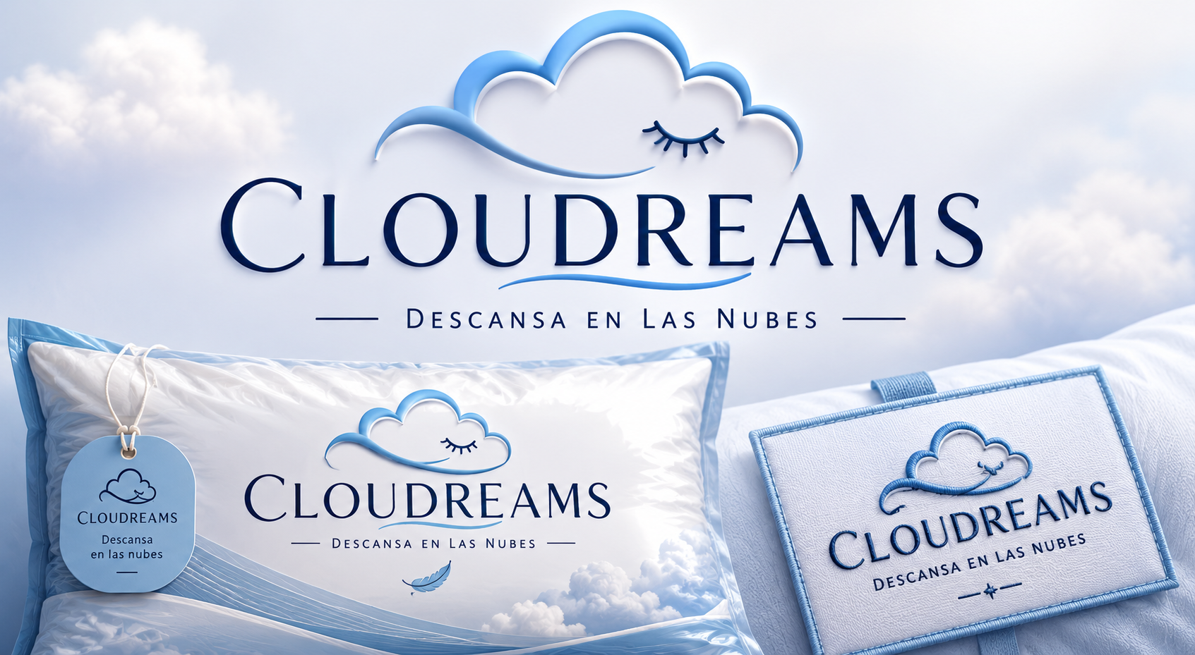 CLOUDREAMS por Maxidreams: almohada con logo, etiqueta bordada y empaque