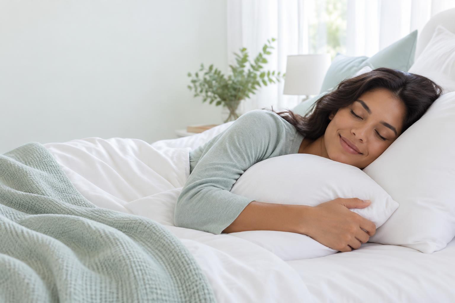 Escena ilustrativa de una mujer descansando y abrazando una almohada en una habitación clara